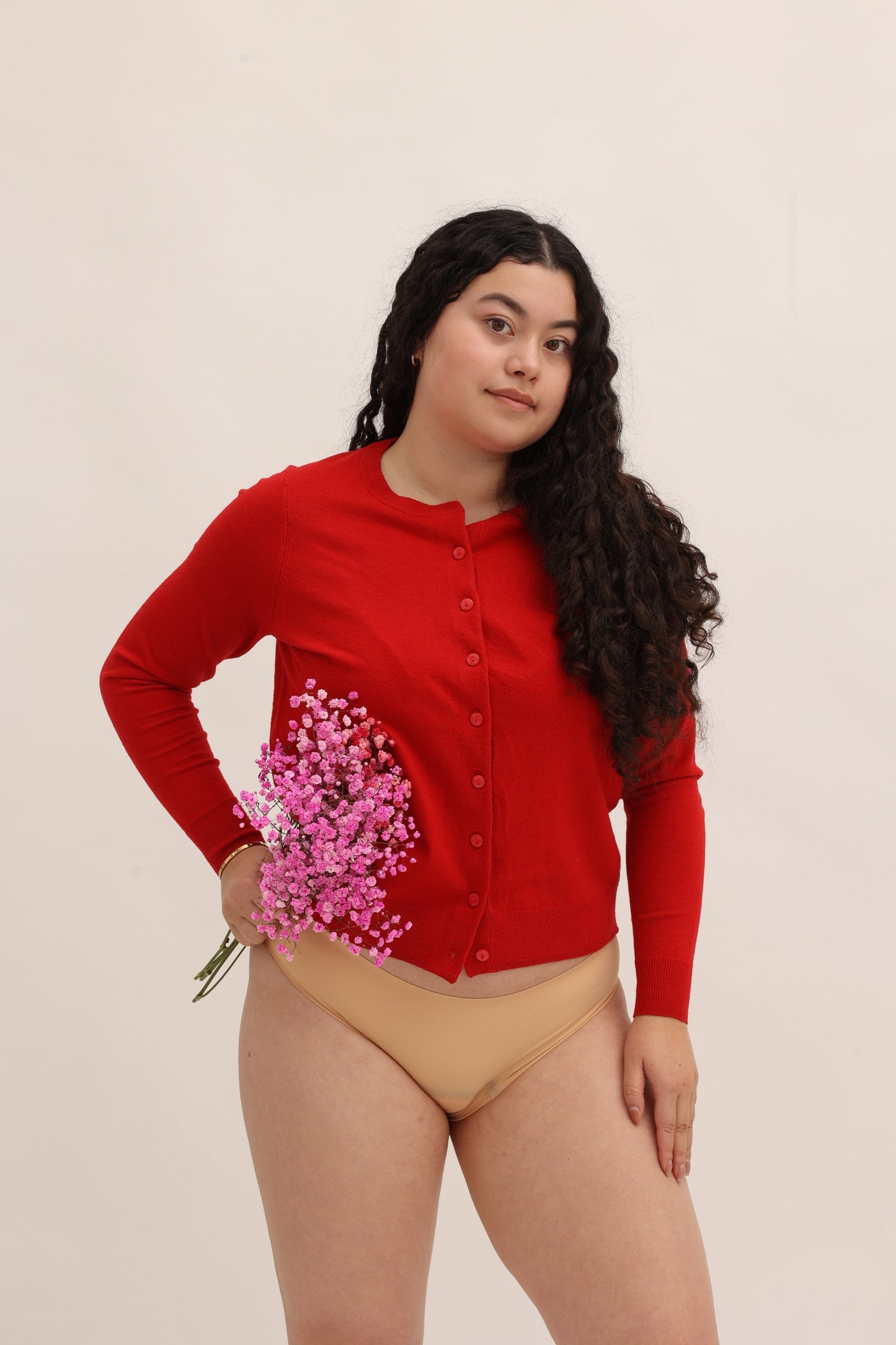 Front view of Cherrystain seamless bikini period underwear in nude for medium flow