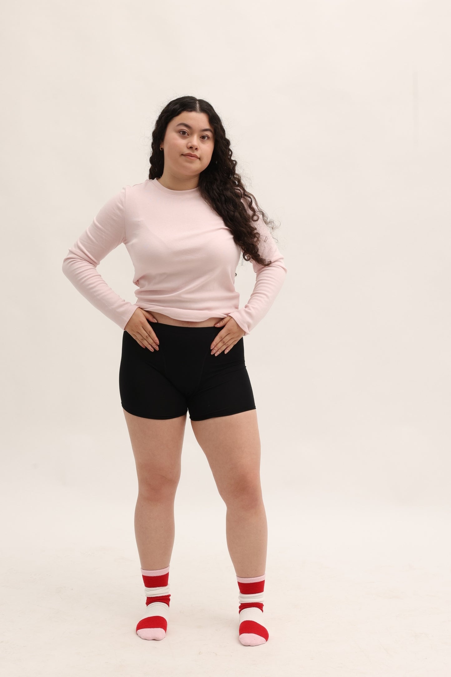 Full body front view of Cherry Period Shorts heavy flow period underwear with extended coverage