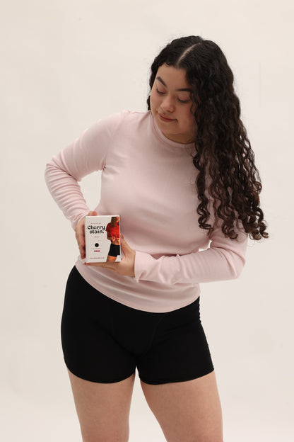 Cherry Period Shorts heavy flow shown with packaging highlighting reusable period underwear
